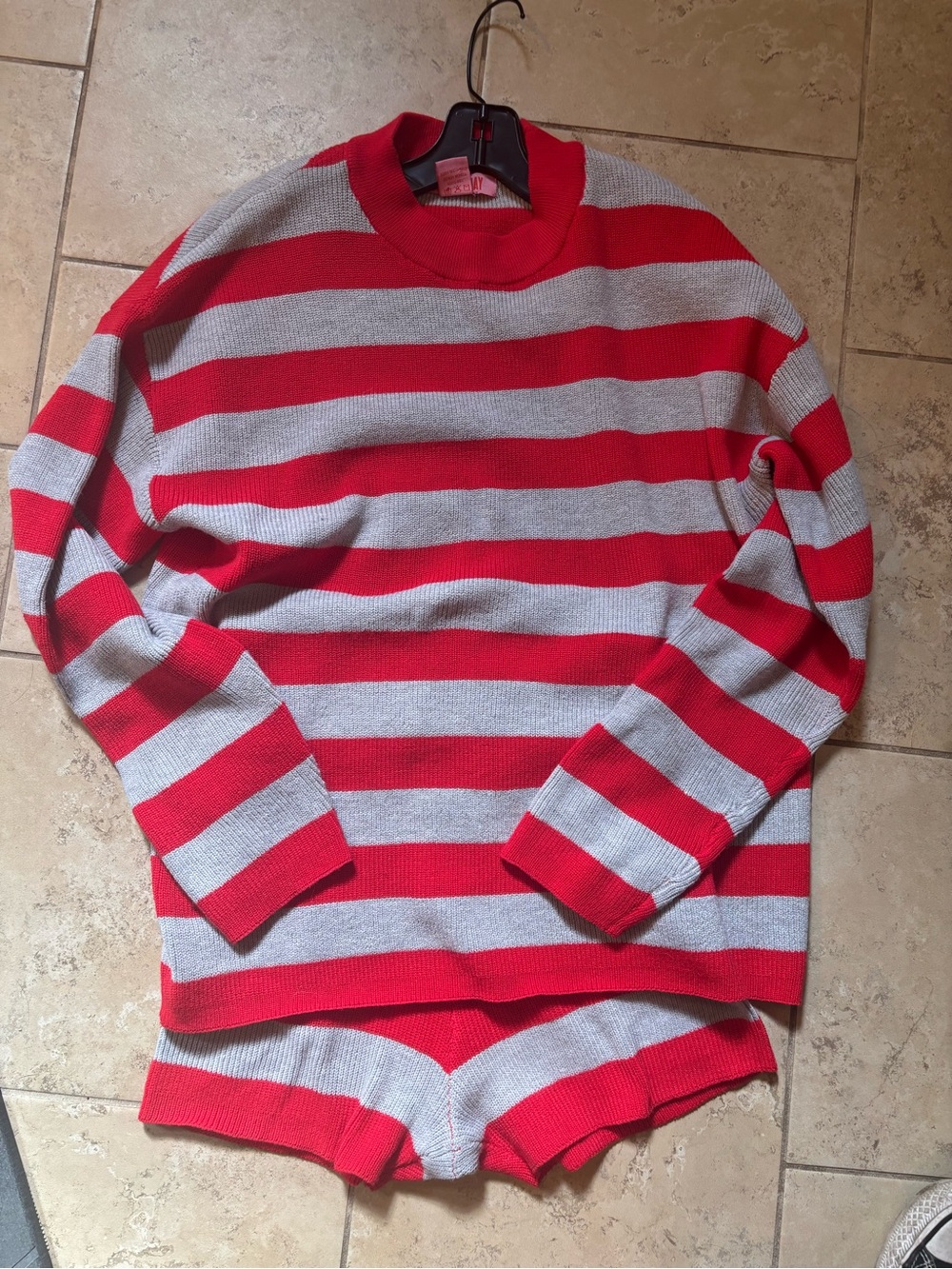 Women's Red and Light Gray Striped Crewneck Sweater Set